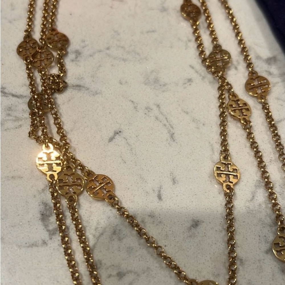 Tory Burch Gold Layered Necklace with Logo Charms - Picture 3 of 11